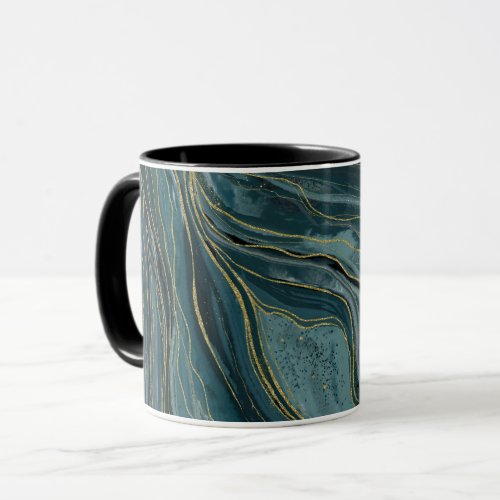 Teal Blue Gold Abstract Watercolor Waves Mug