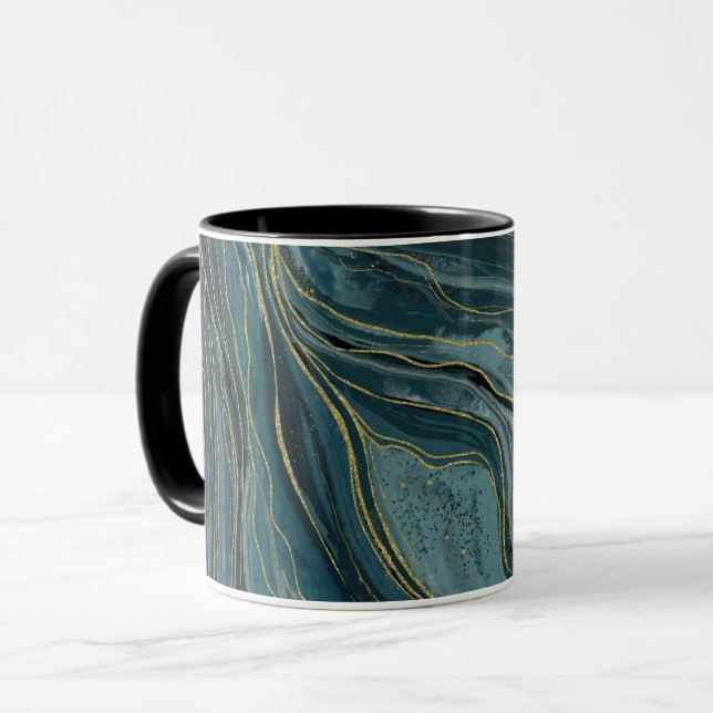 Teal Blue Gold Abstract Watercolor Waves Mug (Front Left)
