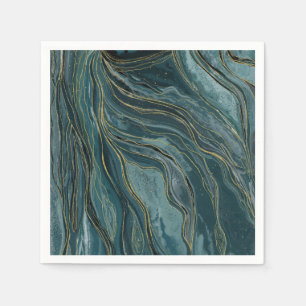 Teal Blue Gold Abstract Watercolor Waves Napkins