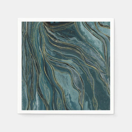 Teal Blue Gold Abstract Watercolor Waves Napkins