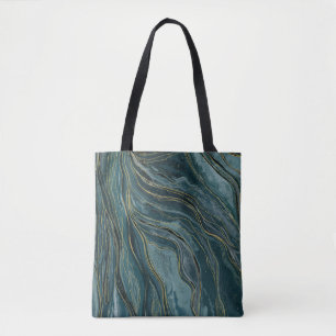 Teal Blue Gold Abstract Watercolor Waves Tote Bag
