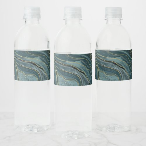Teal Blue Gold Abstract Watercolor Waves Water Bottle Label