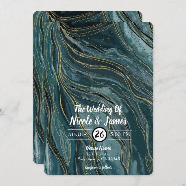 Teal Blue Gold Abstract Watercolor Wedding Invitation (Front/Back)
