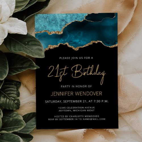 Teal Blue Gold Agate 21st Birthday Invitation