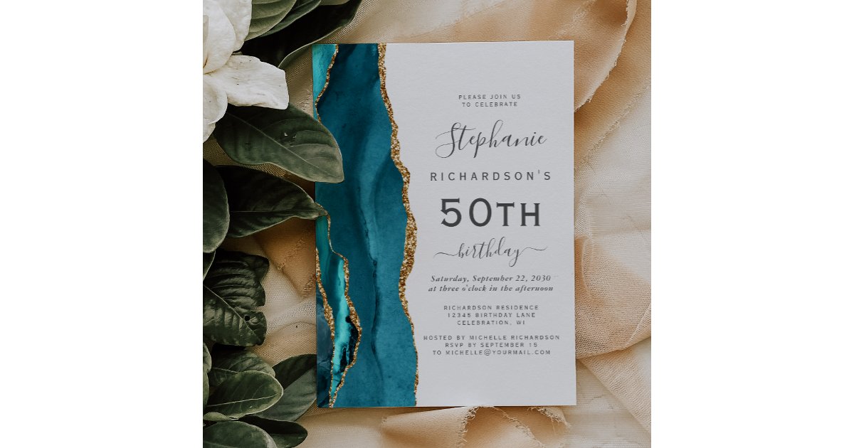 Teal Blue Gold Agate 50th Birthday Party Invitation | Zazzle