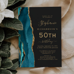 Teal Blue Gold Agate Dark 50th Birthday Party Invitation