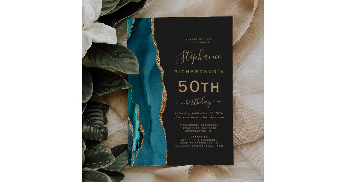 Teal Blue Gold Agate Dark 50th Birthday Party Invitation | Zazzle