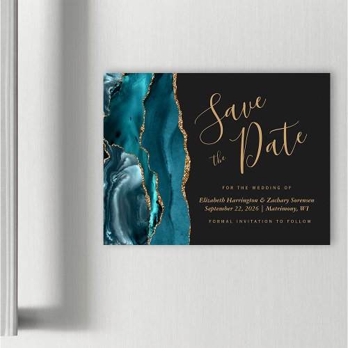 Teal Blue Gold Agate Dark Magnetic Save the Date
