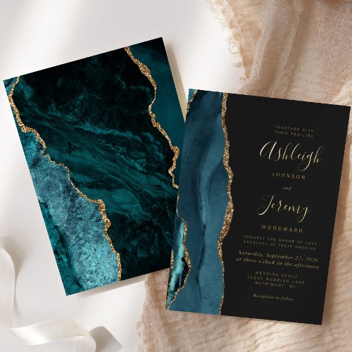 Teal Blue Gold Agate Dark Modern Wedding Foil Invitation