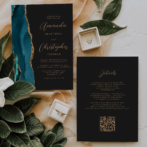 Teal Blue Gold Agate Dark QR Code Wedding Invitation