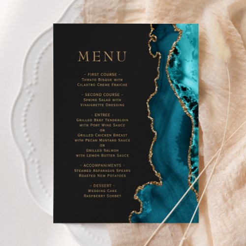 Teal Blue Gold Agate Dark Wedding Menu
