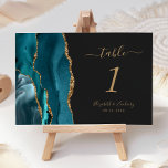 Teal Blue Gold Agate Dark Wedding Table Number<br><div class="desc">The left-hand edge of this elegant modern wedding table number card features a teal blue watercolor agate border trimmed with faux gold glitter. The customizable text combines gold colored handwriting,  italic and copperplate fonts on an off-black background.</div>