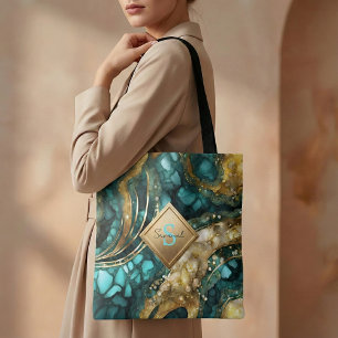 Teal Blue Gold Agate Geode Marble Monogram Name Tote Bag