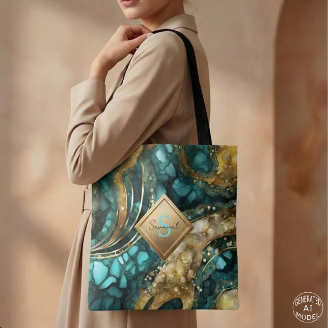 Teal Blue Gold Agate Geode Marble Monogram Name Tote Bag (Creator Uploaded)
