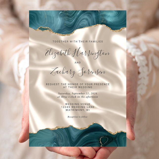 Teal Blue Gold Agate Ivory Silk Wedding Invitation (Creator Uploaded)