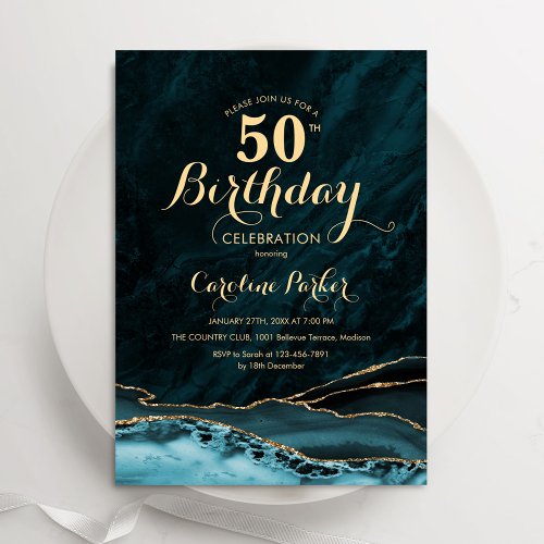 Teal Blue Gold Agate Marble 50th Birthday Invitation