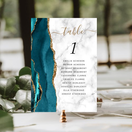 Teal Blue Gold Agate Marble Wedding Table Number