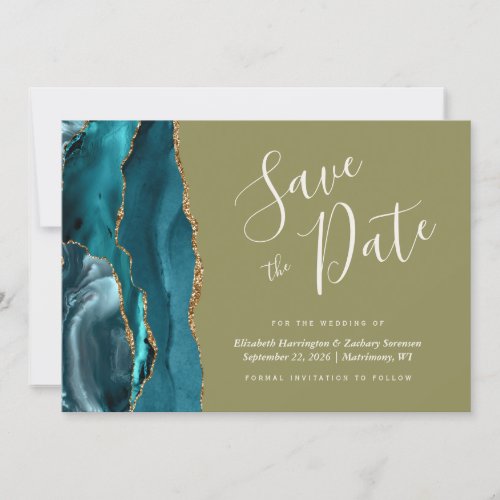 Teal Blue Gold Agate Olive Green Save the Date Invitation