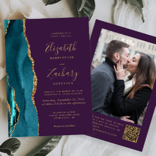 Teal Blue Gold Agate Purple Photo QR Code Wedding Invitation