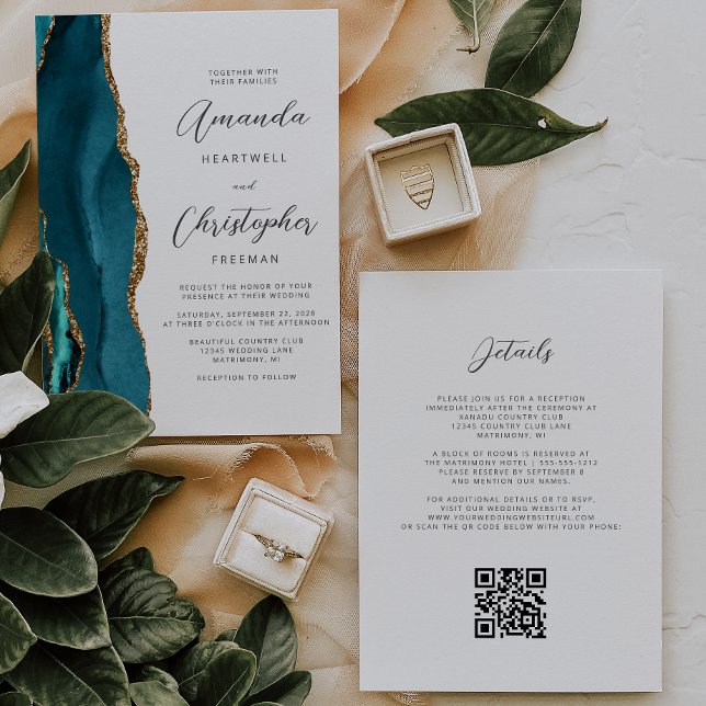 Teal Blue Gold Agate QR Code Wedding Invitation (Creator Uploaded)