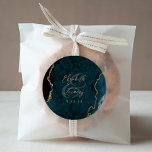 Teal Blue Gold Agate Script Wedding Classic Round Sticker<br><div class="desc">This elegant modern wedding sticker features a teal blue watercolor agate geode design trimmed with faux gold glitter. Easily customize the gold-colored text,  with the names of the bride and groom in handwriting calligraphy over a large ampersand and the wedding date below.</div>