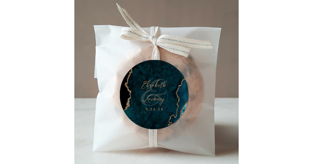 Teal Blue Gold Agate Script Wedding Classic Round Sticker | Zazzle