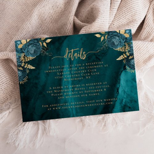 Teal Blue Gold Agate Script Wedding Details Enclosure Card