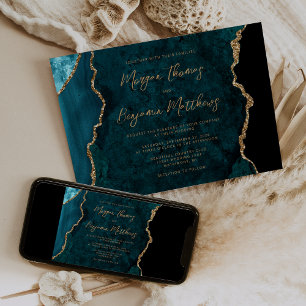 Teal Blue Gold Agate Script Wedding Invitation