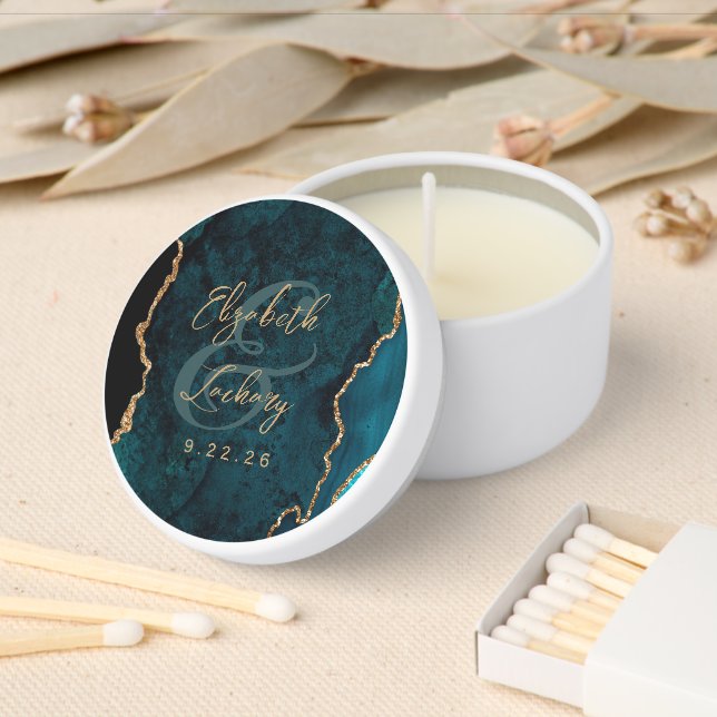 Teal Blue Gold Agate Script Wedding Mini Candle Favors (Insitu)