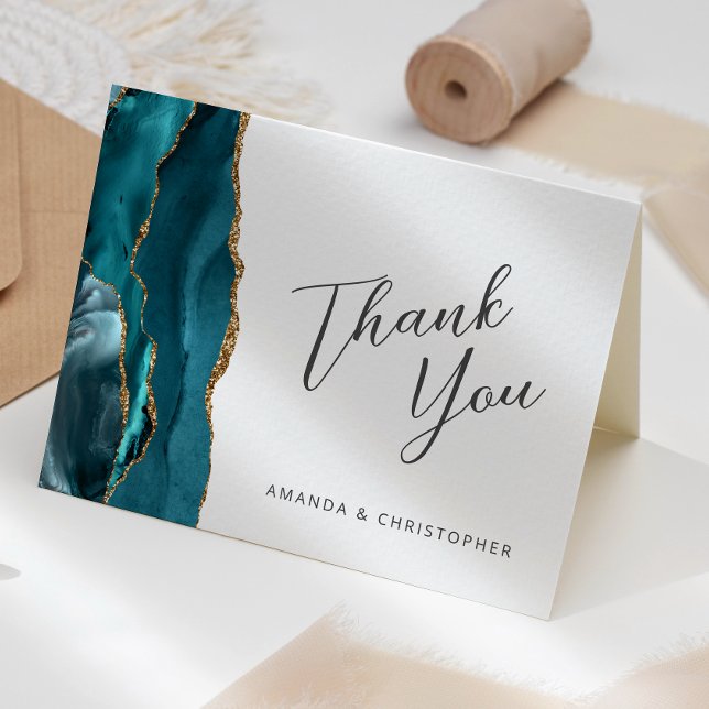 Teal Blue Gold Agate Script Wedding Thank You Card (Creator Uploaded)