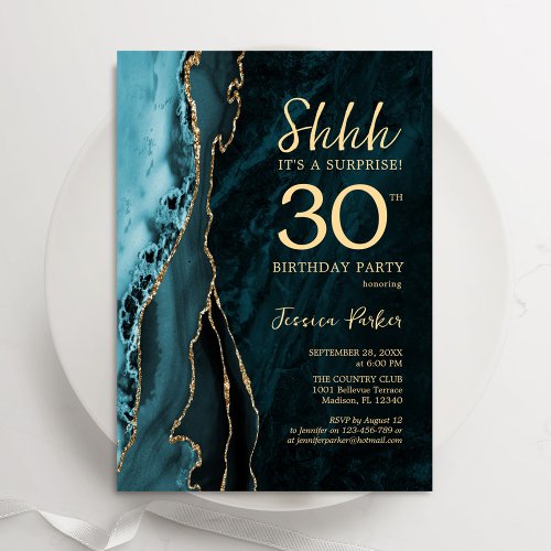 Teal Blue Gold Agate Surprise 30th Birthday Invitation