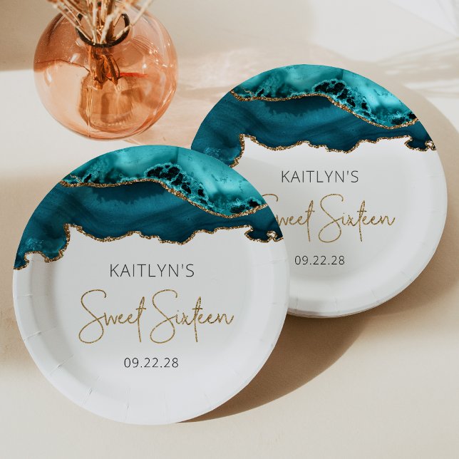 Teal Blue Gold Agate Sweet 16 Birthday Party Paper Plates (Creator Uploaded)