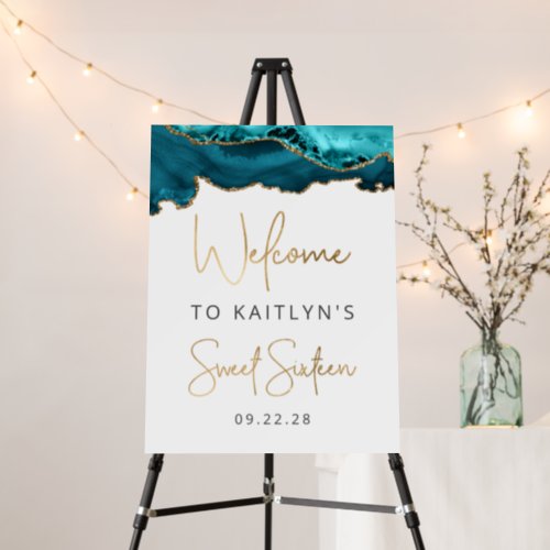 Teal Blue Gold Agate Sweet Sixteen Party Welcome Foam Board