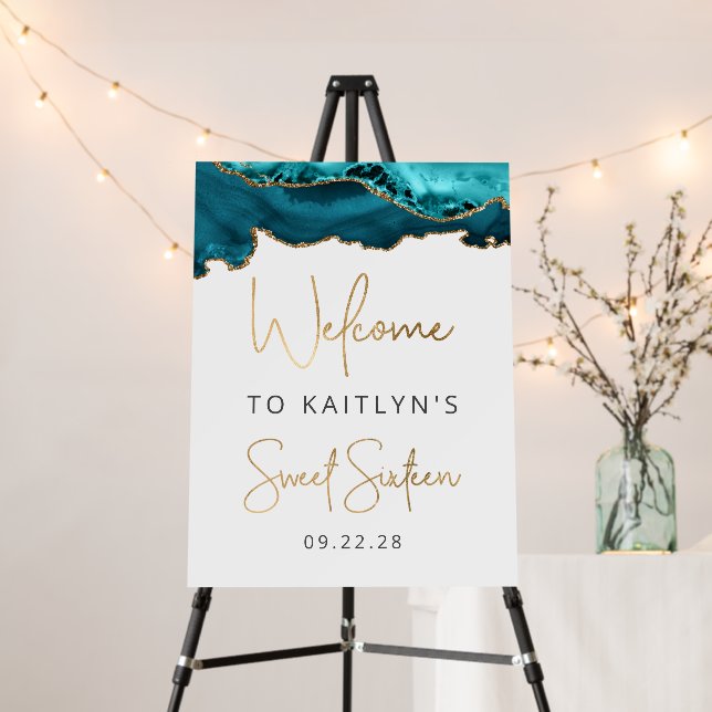 Teal Blue Gold Agate Sweet Sixteen Party Welcome Foam Board (In Situ (Stand))