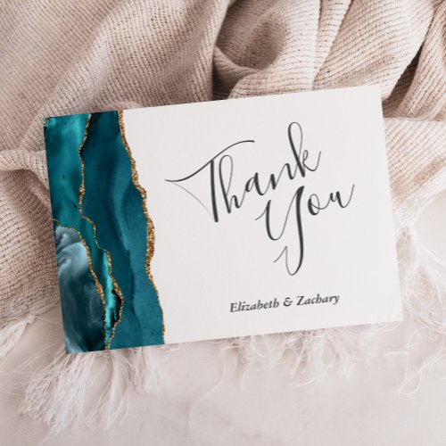 Teal Blue Gold Agate Wedding Flat Thank You Card