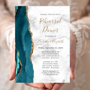 Teal Blue Gold Agate Wedding Rehearsal Dinner Invitation