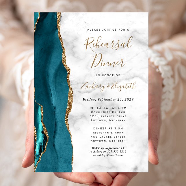 Teal Blue Gold Agate Wedding Rehearsal Dinner Invitation (Creator Uploaded)
