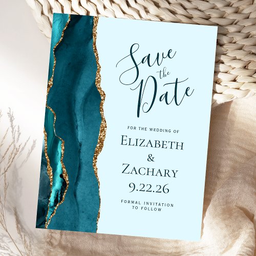 Teal Blue Gold Agate Wedding Save the Date Announcement Postcard