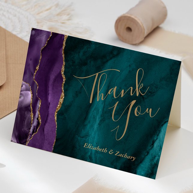 Teal Blue Gold Agate Wedding Thank You Card (Creator Uploaded)