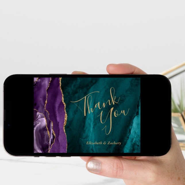 Teal Blue Gold Agate Wedding Thank You Card (Front Digital)