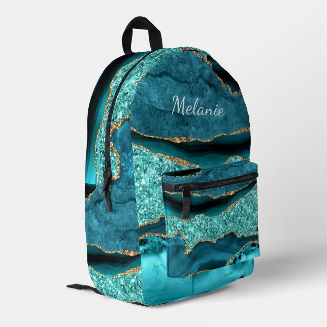 Teal Blue Gold Agua Turquoise Custom Name Backpack (Back Corner Left)