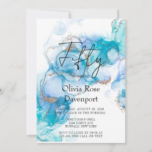 Teal Blue  Gold Alcohol Ink 50th Birthday Party  Invitation