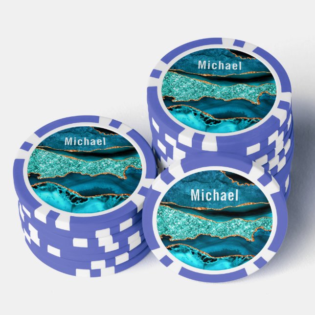 Teal Blue Gold Aqua Marble Custom Name Poker Chips (Stack)