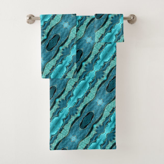 Teal Blue Gold Aqua Turquoise Bath Towel Set (Insitu)