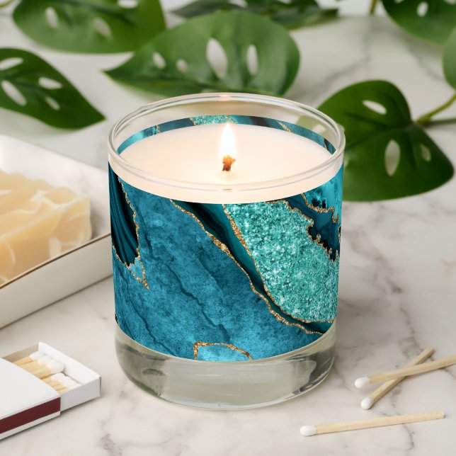 Teal Blue Gold Aqua Turquoise Scented Candle Gift (Lit)