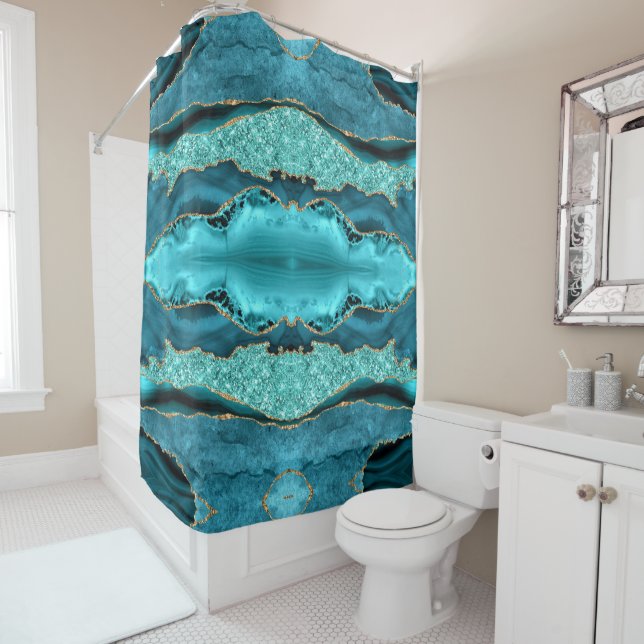 Teal Blue Gold Aqua Turquoise Shower Curtain (In Situ)