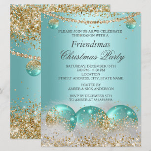 Teal blue Gold Baubles Friendsmas Christmas Party Invitation
