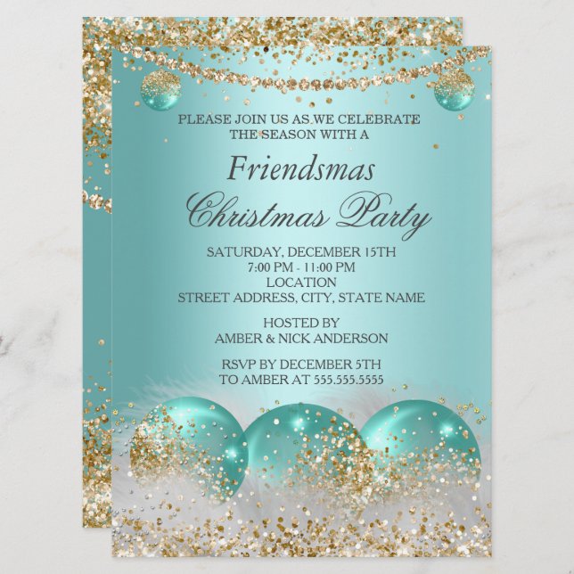 Teal blue Gold Baubles Friendsmas Christmas Party Invitation (Front/Back)