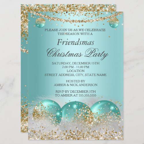 Teal blue Gold Baubles Friendsmas Christmas Party Invitation