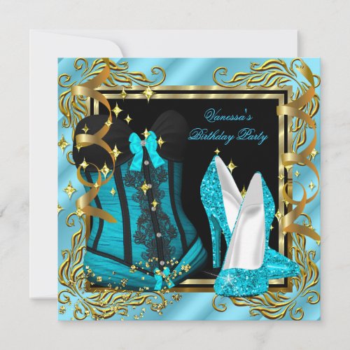 Teal Blue Gold Black Corset High Heel Party Invitation